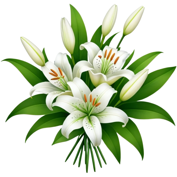 bouquet of white lily flowers with green leaves emoji