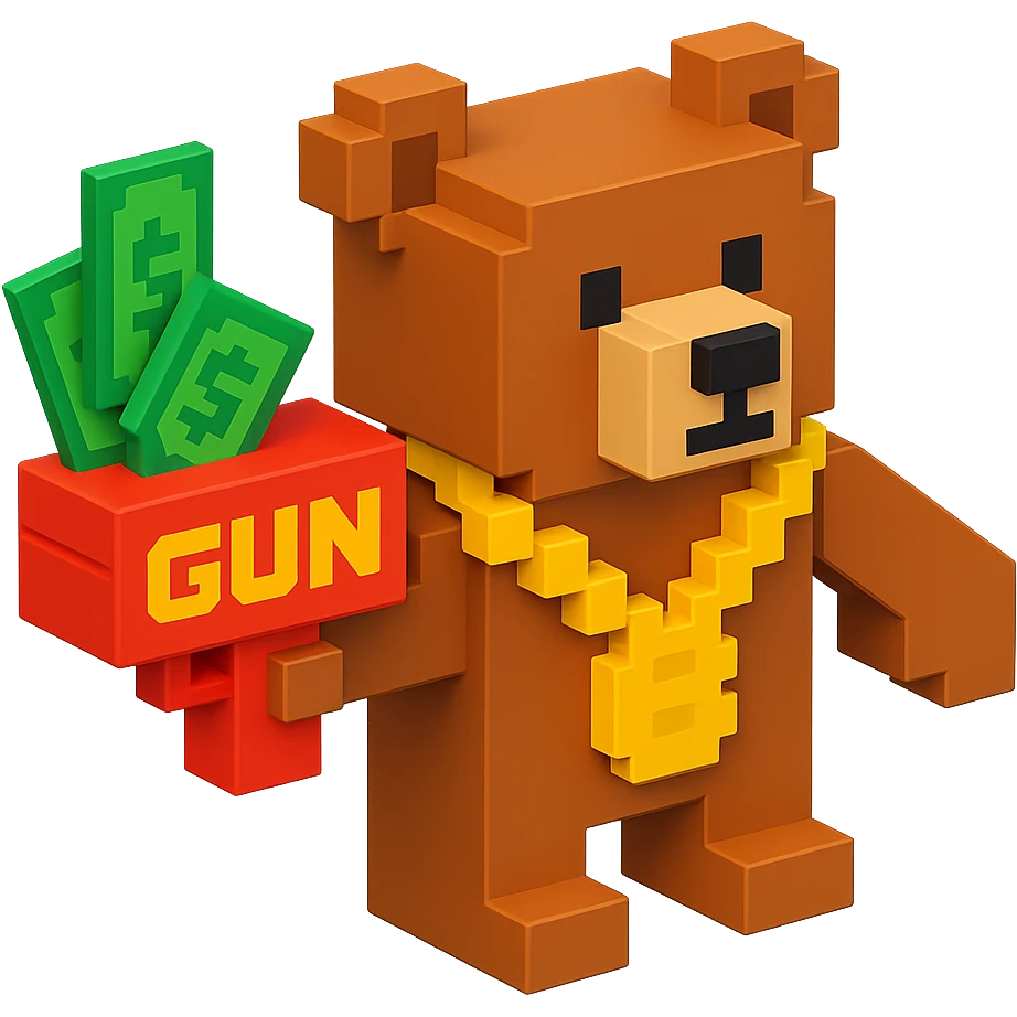 Russian grizzly bear wearing a rapper chain and holding a money gun emoji