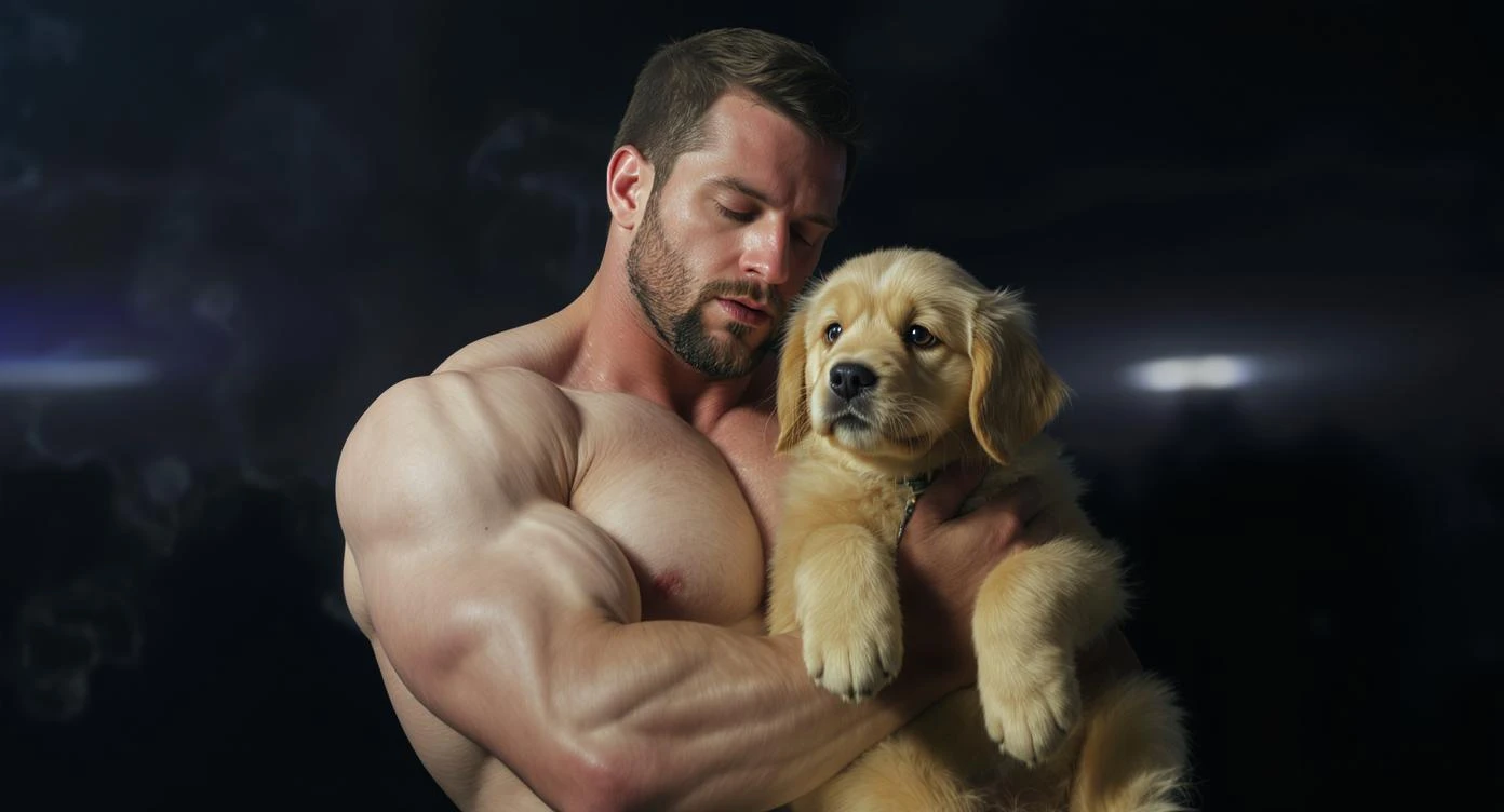 Photo of a musculated man holding puppy golden retriver, low key light emoji
