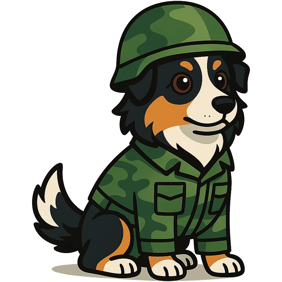 black-tri Mini American Shepherd in a camo green soldier uniform and green helmet emoji