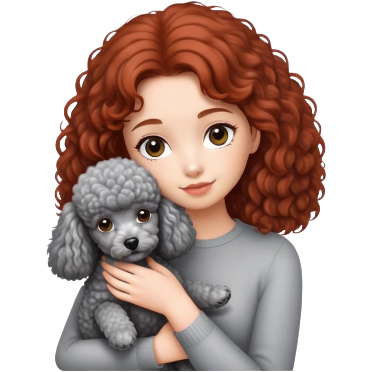 A girl with auburn hair holding a grey poodle emoji