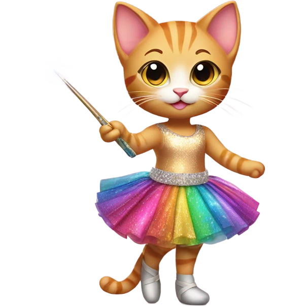 A ginger kitten wearing a skirt and point shoes holding a magic wand  emoji