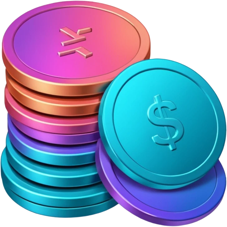 Stack of coins in gradient of turquoise, blue, pink, purple, and coral color emoji
