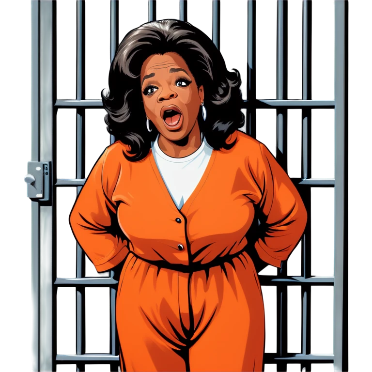 Oprah Winfrey in jail wearing an orange jumpsuit behind bars make her look sad put her in a jail cell more realistic more realistic  emoji