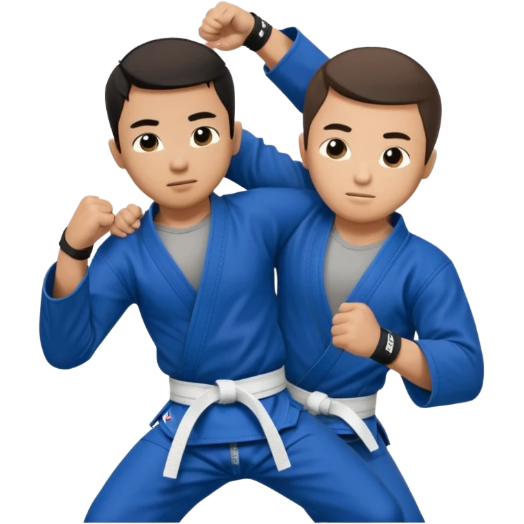 An Asian guy doing Brazilian jiu jitsu with another guy submitting him with an arm bar. The Asian guys wears a blue belt emoji