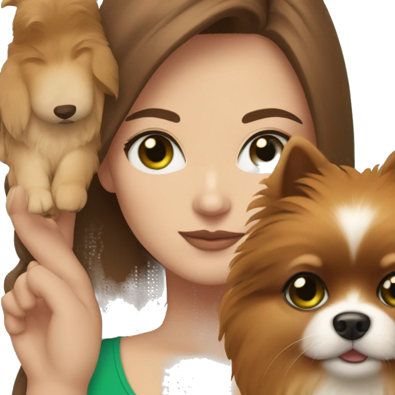Woman with green eyes, white skin, brown hair and a Pomeranian puppy emoji