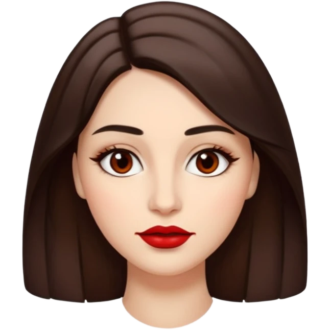 A woman emoji with fair skin, slightly wavy dark brown hair parted in the middle, an oval-shaped face, arched dark eyebrows, almond-shaped brown eyes, a small straight nose, and full lips with deep red lipstick. emoji
