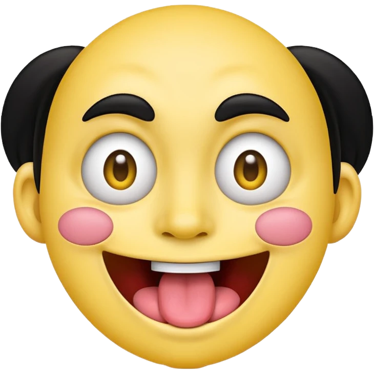 yellow face emoji smiling with huge tongue out and eyes wide open. Tongue should have the effect of wagging back and forth. Give him a head of black hair emoji