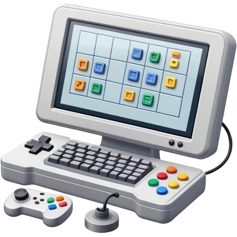 Emoji for Game Design: computer screen with Professional game development interface, 3D models, pixel art and design tools like grid, wireframe, gamepad, joystick, stylus. Symbolizes the technical and creative process of game development. Transparent background. emoji