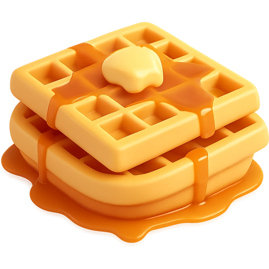 Edit the image to remove any syrup droplets while keeping the 3D emoji style golden waffle with grid pattern, melting butter, and evenly drizzled maple syrup. Maintain soft lighting and minimal shadows. The background should be transparent. The style is 3D emoji style. emoji