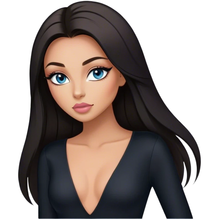 Glamours make-up, tanned, beautiful, girl, with blue eyes, big pump peach-beige-rose lips, eyeliner, long lashes, black straight smooth silky long hair, parting hair in the middle,  in black v-neck bodysuit long sleeves emoji
