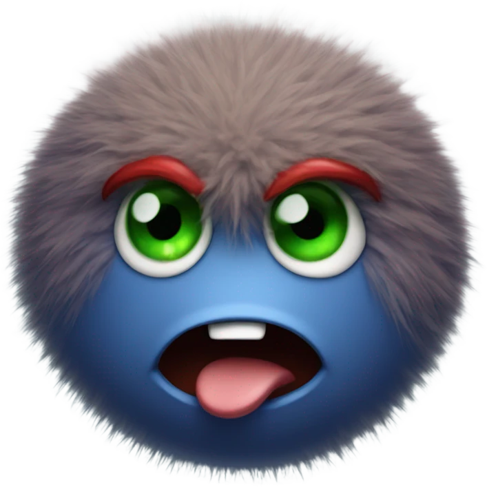 fuzzy blue ball with green eyes smiling with angry dark red eyebrows emoji