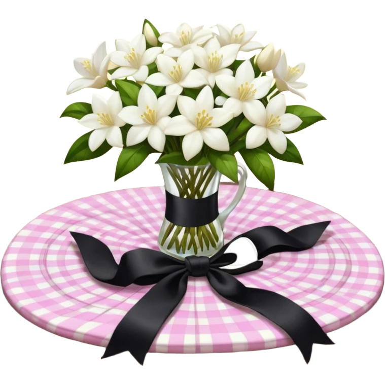 A lush bouquet of white color Jasmin black satin ribbon, resting on an antique wooden table, with a pale yellow and pink plaid pattern table cloth emoji