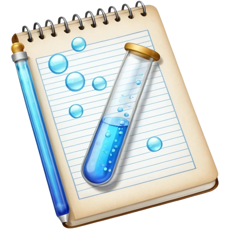 test tube with bubbles next to a notebook emoji