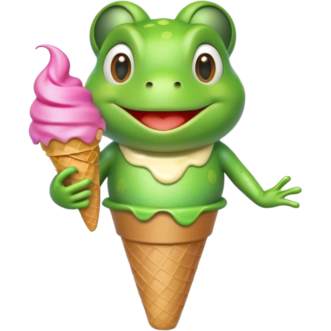 cute frog eating ice cream, happy face, holding a colorful ice cream cone, 3D cartoon, mobile game icon style, bright colors, soft shadows, clean background, no text, no watermark
 emoji
