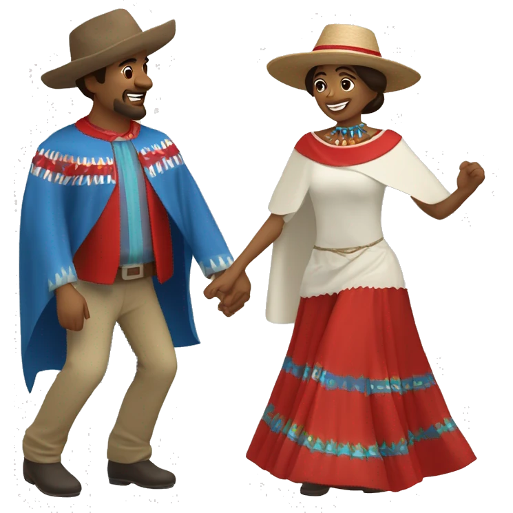 A couple of a man and a woman dancing a Chilean folk dance called cueca. The man wears a huaso hat and a square poncho with brown colors, and the woman wears a white dress with red and blue details. emoji