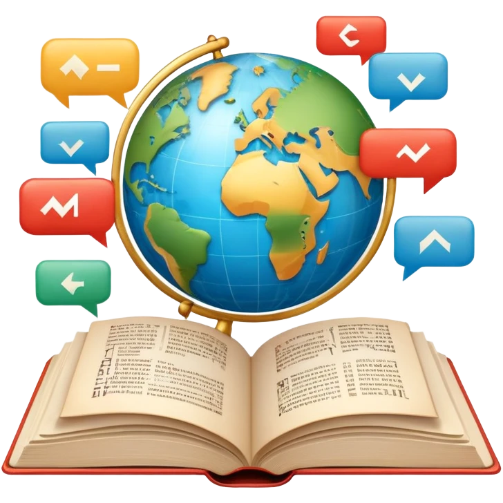 An icon featuring an open book with speech bubbles showing different alphabets—Latin, Cyrillic, Kanji. A globe and translation arrows symbolize global communication and language learning. Transparent background highlights cultural exchange and linguistic diversity. emoji
