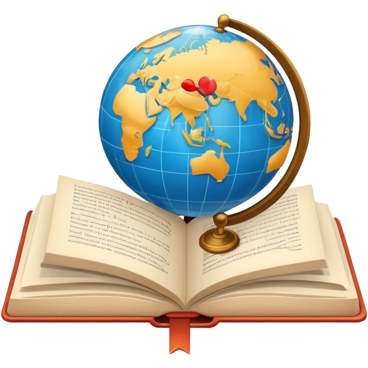 An icon featuring an open book, a speech bubble, and a pen, symbolizing philology and linguistics. The design includes a globe with language characters and grammar symbols, representing the study of languages and literature. Transparent background highlights language analysis. emoji