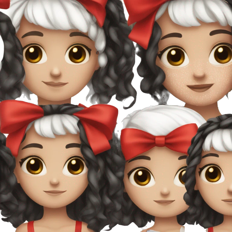 girl with black and white split dye hair, freckles, brown eyes wearing a red bow emoji