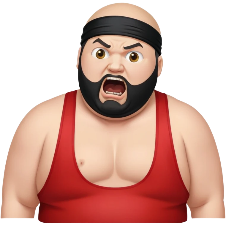 Extreme close-up of face of morbidly obese white skin guy with young face, prominent BLACK DURAG tied clearly on head, black beard but no mustache, clean shaven upper lip, black eyes in a red and black wrestling singlet with mouth wide open screaming angrily emoji