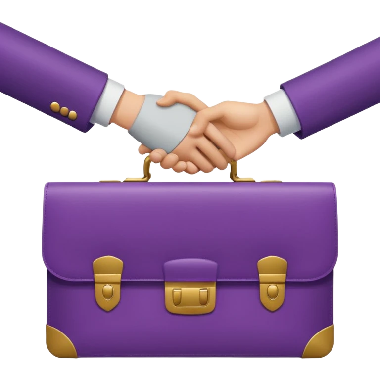 Minimal two-tone purple icon: two hands exchanging a briefcase. Geometric, transparent background. emoji