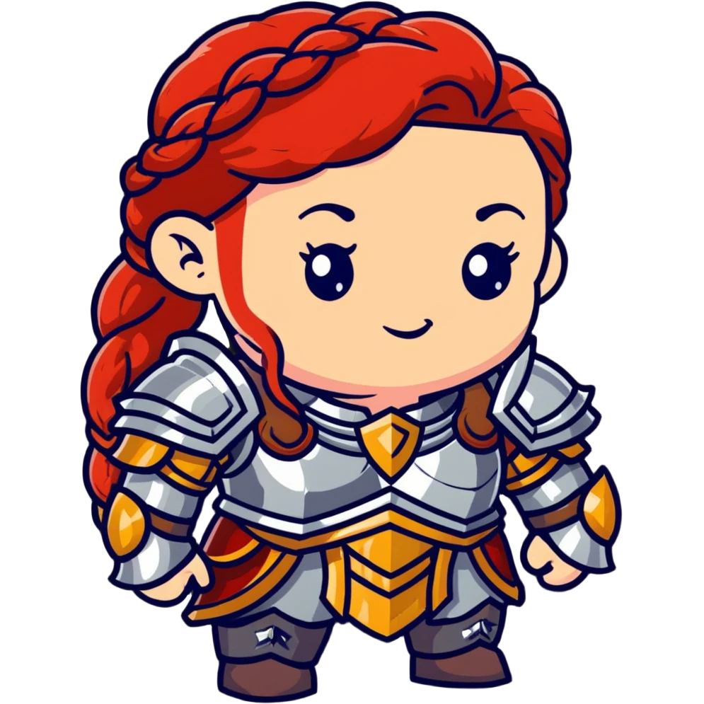 female dwarf from Lineage 2 with braided red hair, stocky build, wearing fantasy armor and jewelry emoji