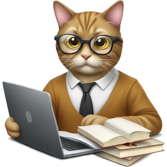 Cat studying, glasses, books, laptop emoji
