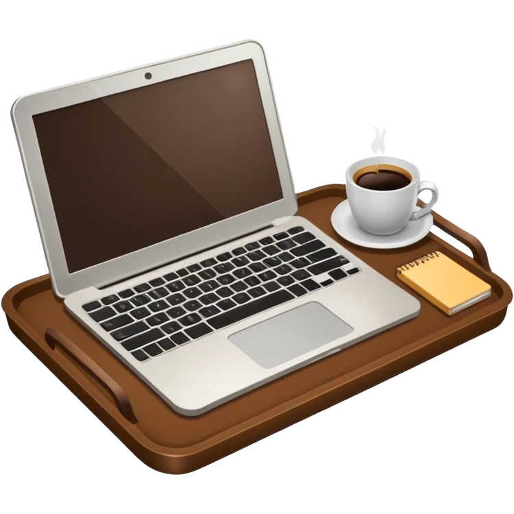 Laptop on the rectangular brown coffee tray, coffee and notebook emoji