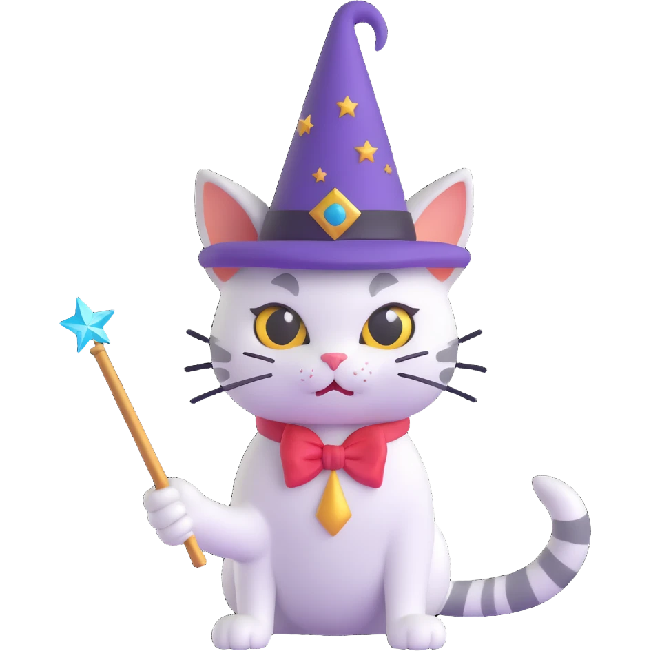 A cat wizard with a pointy hat and a magic wand emoji