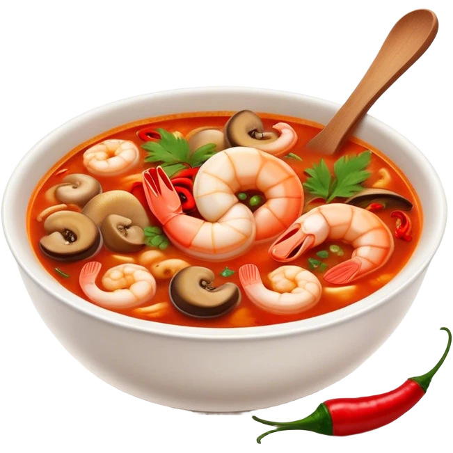Cinematic Realistic Tom Yam Kung Soup Dish Emoji, showcasing a spicy, sour shrimp soup with herbs and mushrooms rendered with lifelike textures and bold, dynamic lighting. emoji