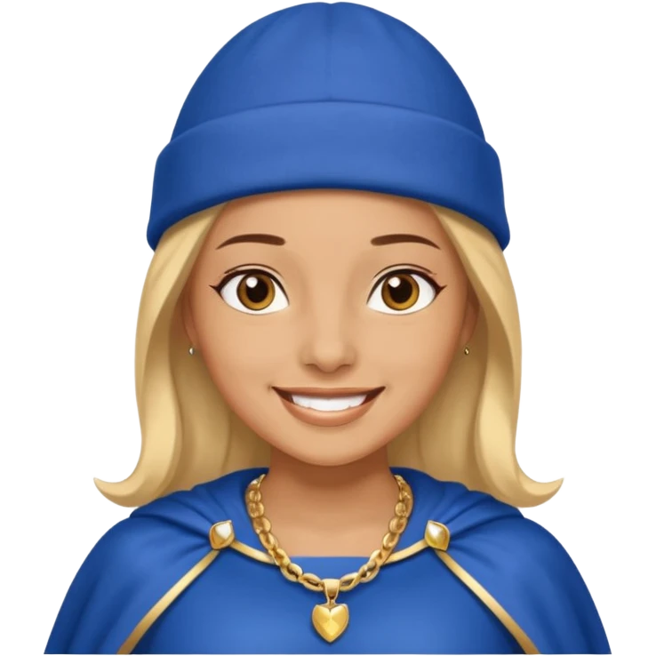 Female hero in blue beanie, cape flowing, smiling proudly.


































 emoji