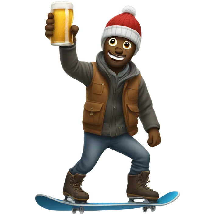 Man snowboarding with beer in his hand, holding up hand sign emoji