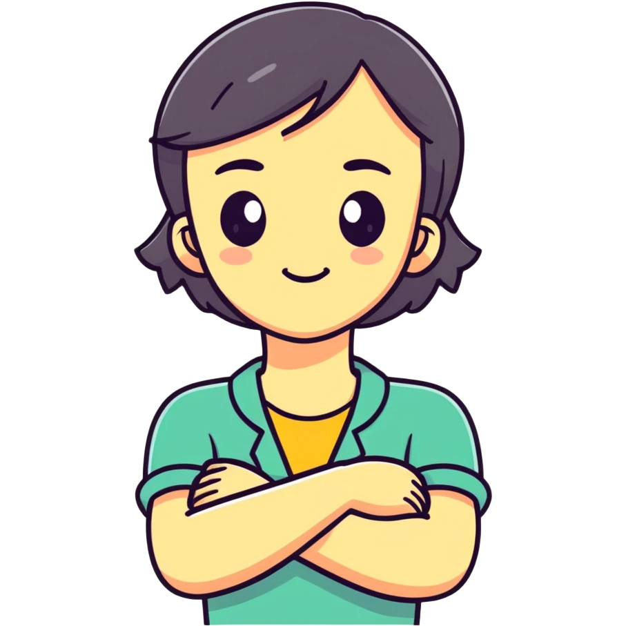 Girl with arms crossed, holding neck with weird face emoji