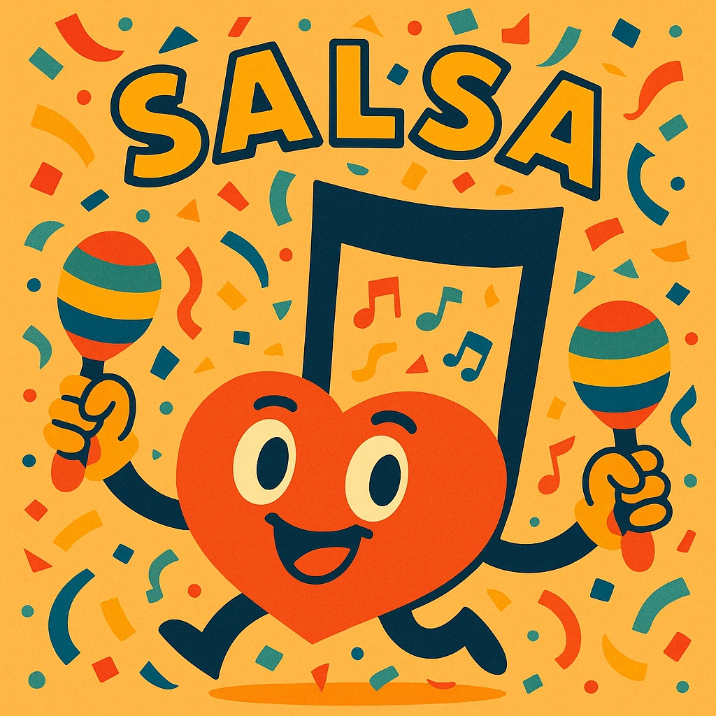 a stylized salsa music note with maracas and confetti, festive and fun emoji