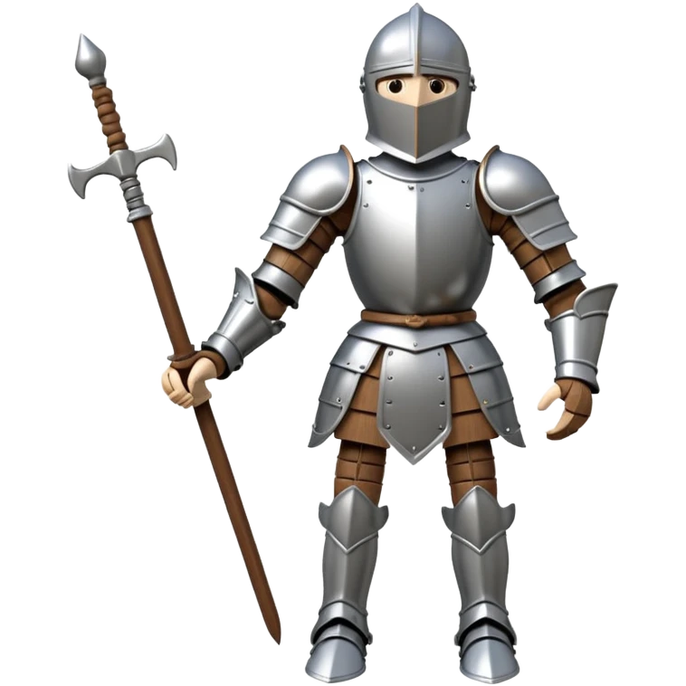 3D render of Knight Puppet as a wooden marionette puppet, Painted silver wood armor, strings, silver metal screw joints at elbows and knees, polished brown wood texture, rigid toy pose, emoji style, isolated on white background --v 6.0. emoji