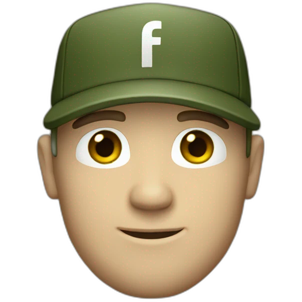 white man with short beard wearing a army green baseball cap with facebook logo emoji