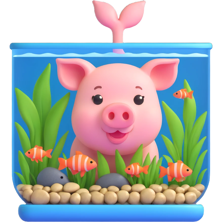 little pig peeking into a fish tank with aquatic plants and small fish, overall cute style emoji