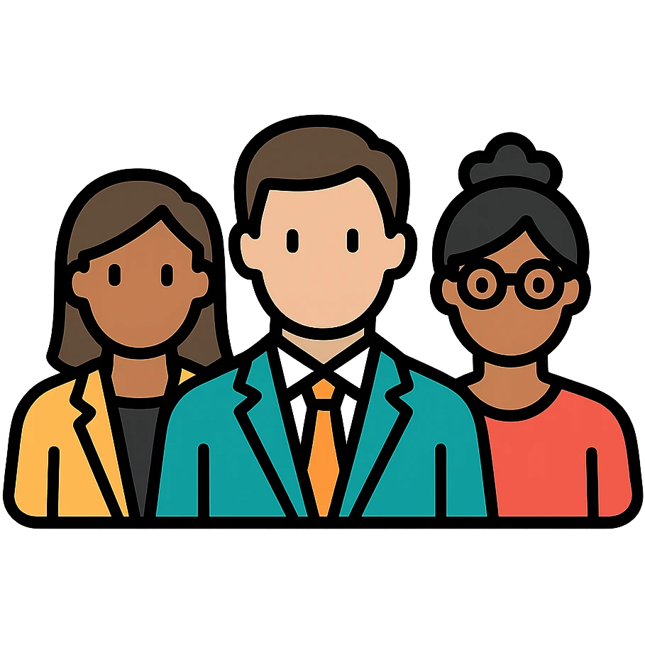 agency team, professional group, modern office, diverse people, clean background, color outline icon style emoji