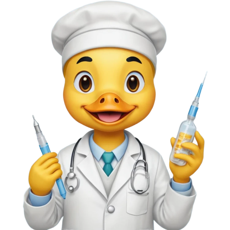 Duck doctor holding syringe and cheerful grin.

 emoji