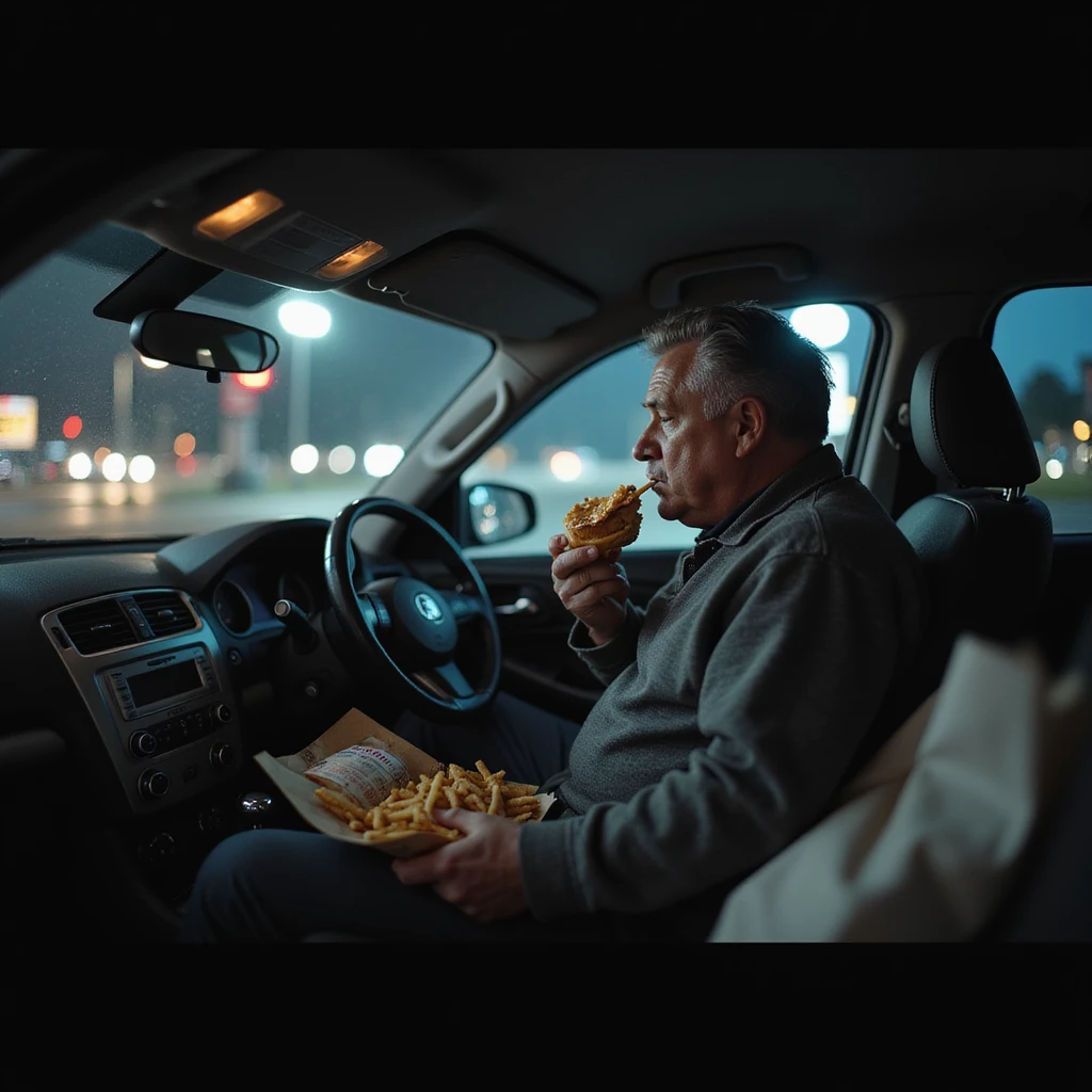 hyperrealistic 4K image of a man in his 40s eating late-night fast food alone in his car, dashboard glowing with reflections from the drive-thru menu, backseat full of unopened gym bags, moody and introspective atmosphere emoji