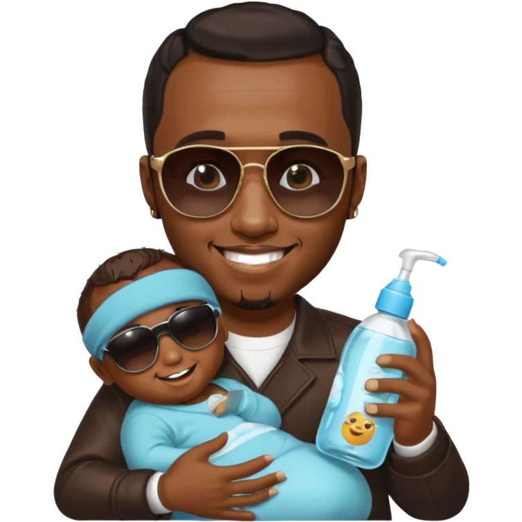 P Diddy with sunglasses, smiling, holding baby oil emoji