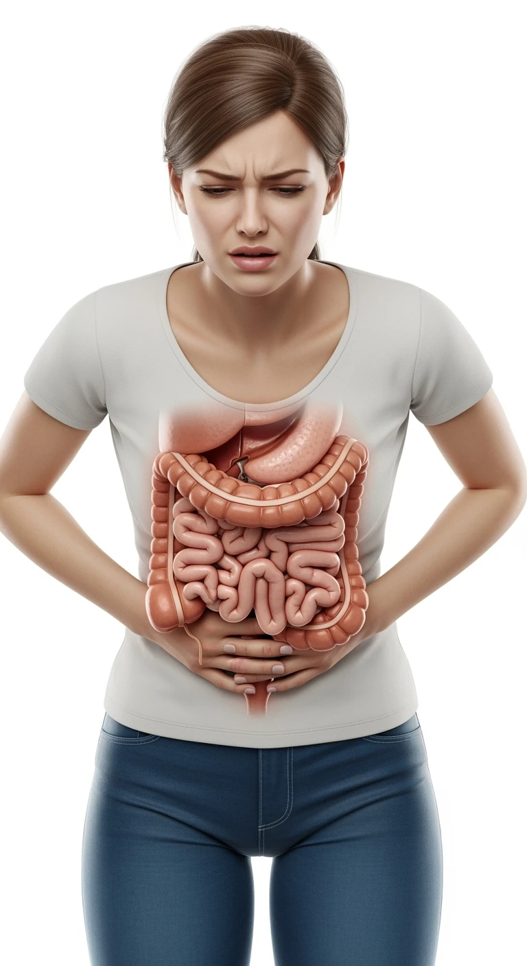 DONNA CON MAL DI PANCIA E INTESTINO UMANO ANATOMICO VISIBILE, IPERREALISTICO 4K, SFONDO BIANCO emoji