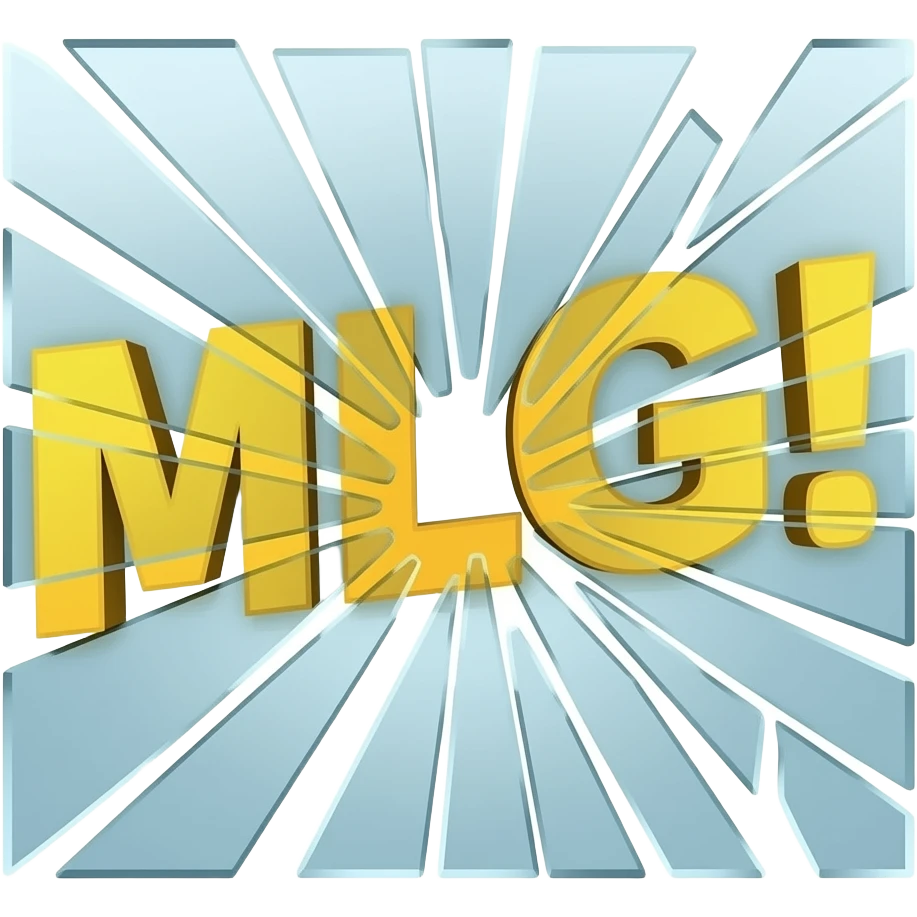 Надпись MLG! жёлтого цвета рассыпалась на мелкие осколки как стекло от выстрела пули emoji