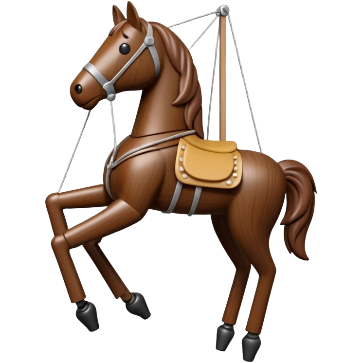 3D render of Horse Puppet as a wooden marionette puppet, Wooden toy horse on strings, silver metal screw joints at elbows and knees, polished brown wood texture, rigid toy pose, emoji style, isolated on white background --v 6.0. emoji