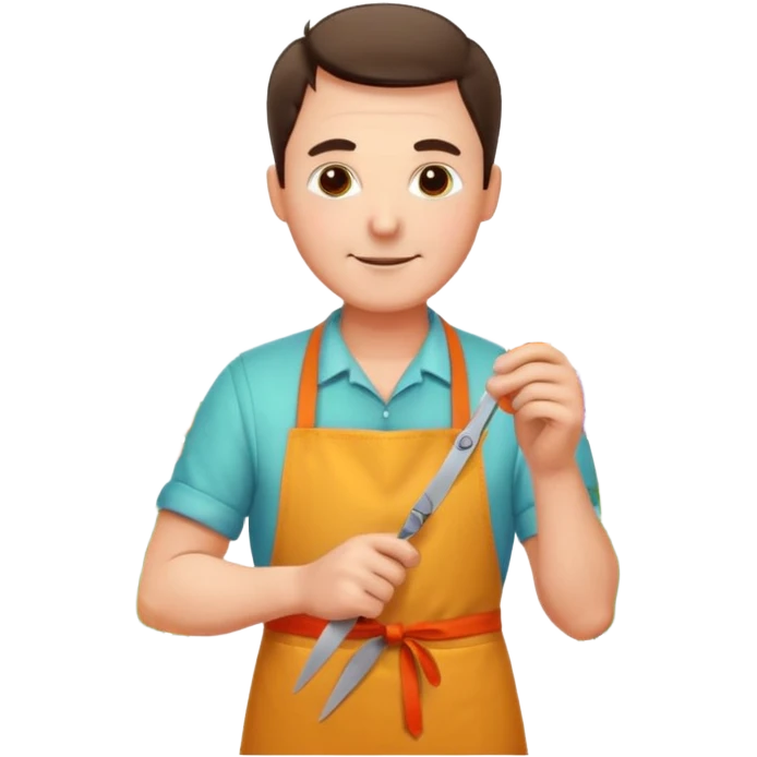 Middle-aged male florist – apron on, trimming stems with scissors emoji