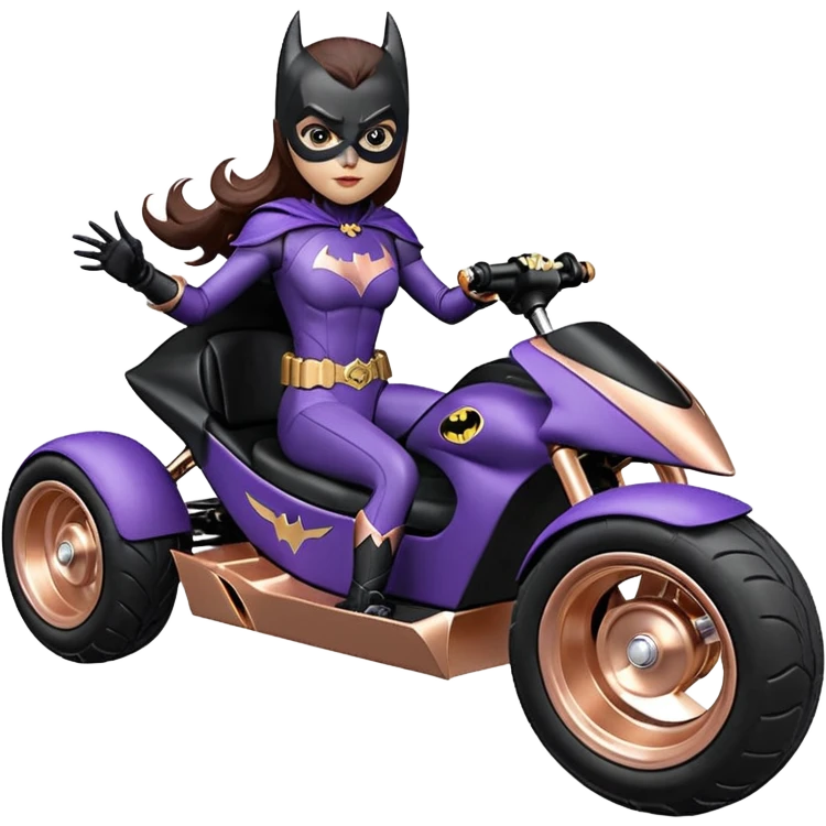 Hot full size real size-appearance electric road racing sexy BatGirl’s feminine midnight-colored tight outfit sixty’s tv show serious dark stealthy sporty safe plush deluxe off-road pursuit cruiser car rose gold accents (black hair,reclined and relaxed torso and shoulders seating position) go kart  emoji