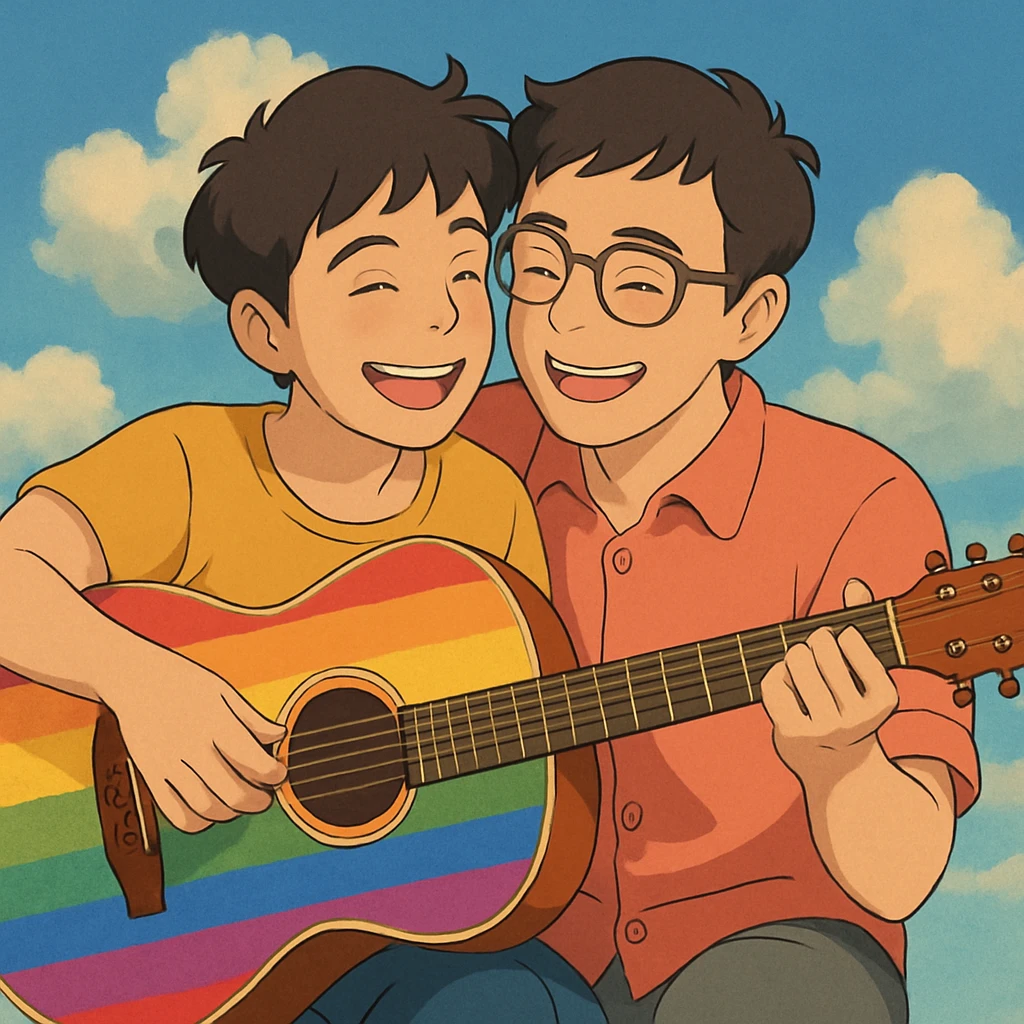 rainbow guitar with a happy gay couple playing it emoji