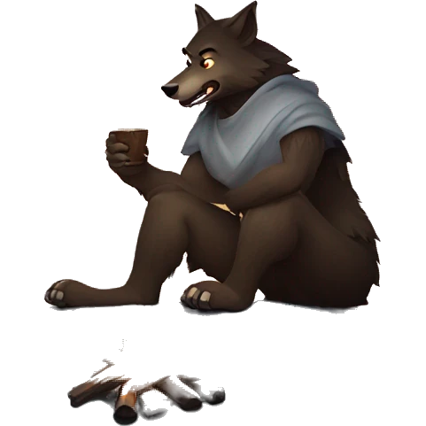 A lone sigma werewolf sitting on a mountain top by a campfire emoji