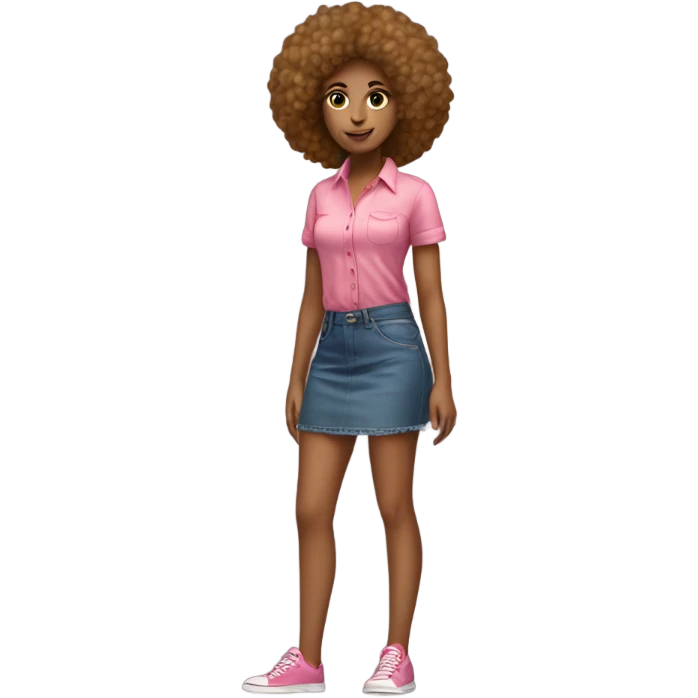 Tan girl with Afro posing full body jean skirt pink shirt emoji