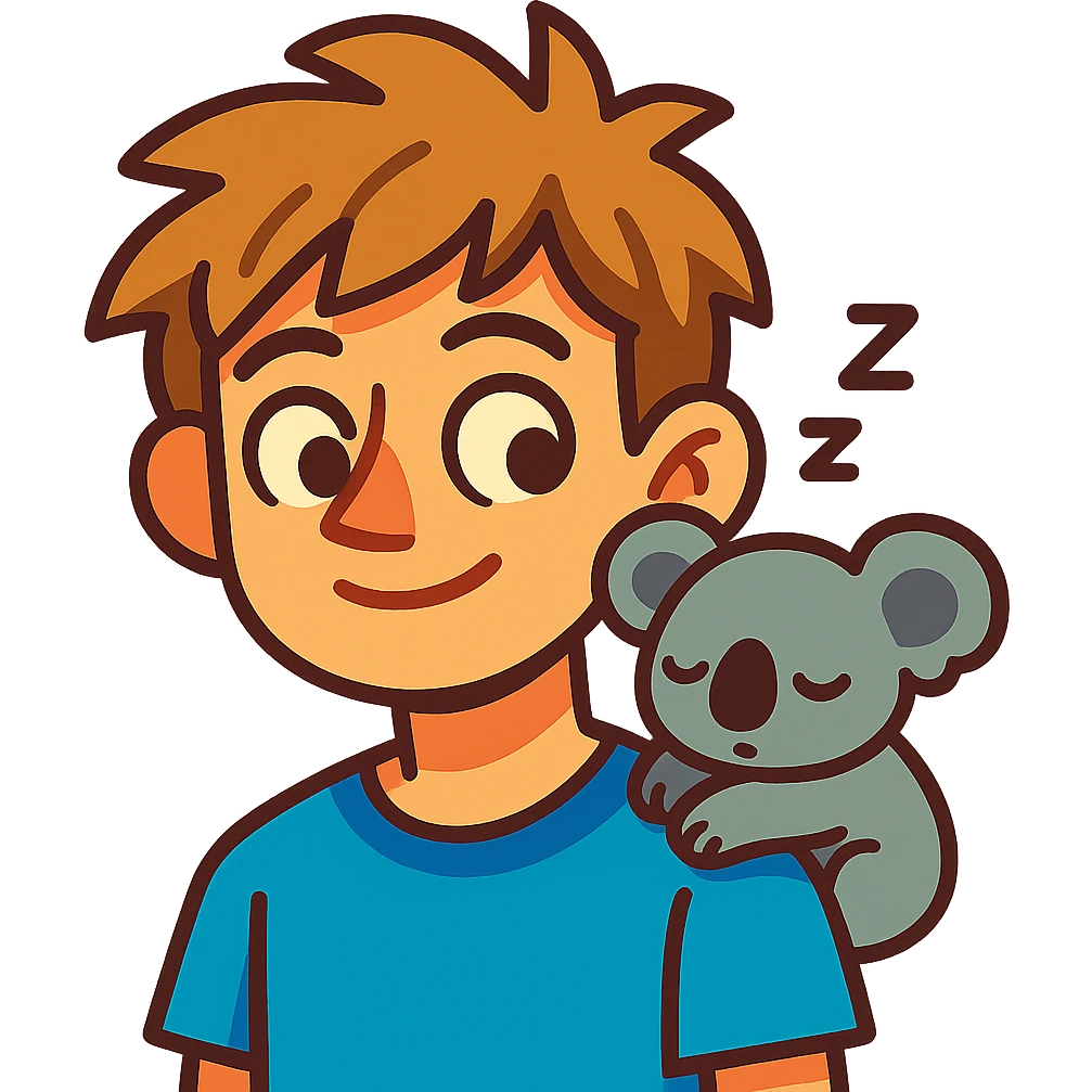 light brown messy haired boy with a very small sleepy koala on his shoulder, vibrant toon style emoji